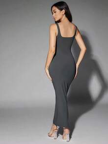 Vestido de tirantes de cuello de pico sólido, vestidos pastel para mujeres - Gris Oscuro - Ver 2
