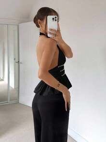 Nuevo top halter de verano con diseño de cintura con remaches para mujeres - Negro - Ver 2