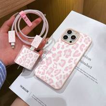 6合1液態粉色豹紋手機殼 + 充電頭保護套 + 線材保護套 + 收納繩 + 數據線繞線繩 TPU 防震保護殼，相容 iPhone 6/7/8/X/XS/XR/XS Max/11/12/13/14/15/16/17 Pro Max，適合作為情侶、女兒、女朋友、青少年女孩的生日與聖誕禮物 - 彩色 - View 3