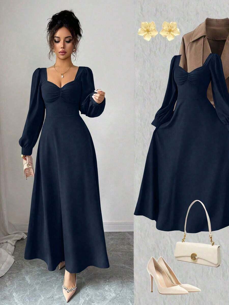 YHHElenzga Vestido largo elegante de mujer con cuello cuadrado, mangas abultadas y cintura ceñida, adecuado para el uso diarioYHH - Azul marino - Ver 1