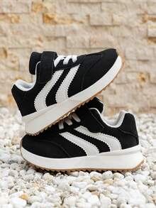 Unisex Kids Sports Shoes, Suitable For All Seasons, Versatile, Classic, Comfortable, Hook And Loop, Color Blocking Design, Suitable For Daily Wear And Outdoor Activities - Black - View 2