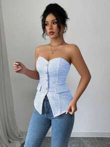 Top corto ajustado de verano para mujer con textura rosa, con detalle de botón de perla - Azul - Ver 1