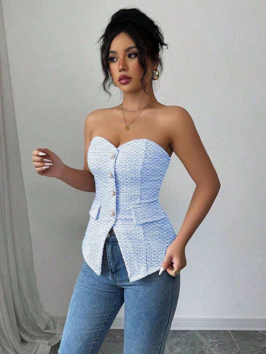 Top corto ajustado de verano para mujer con textura rosa, con detalle de botón de perla - Azul - Ver 1