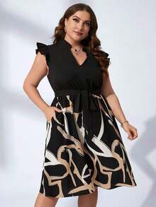 Vestido con estampado gráfico, cuello con muesca, volantes, cinturón, lunares, vestidos para mujer, vestidos casuales de primavera, vestidos de picnic, vestidos de verano, vestidos de primavera, vestidos de festival, vestidos de Pascua, vestid - Multicolor 4 - Ver 6