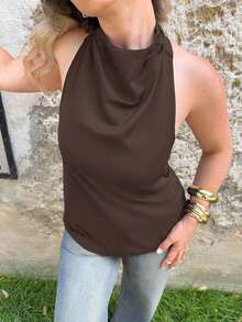 Blusa negra ajustada de estilo casual y elegante para la temporada de primavera/verano, con cuello asimétrico, sin mangas, escote halter, espalda descubierta y decoración de lazo - Marrón Chocolate - Ver 3