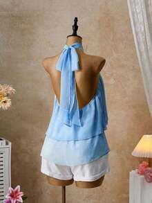 Blusa con cuello halter amarilla, blusa elegante con cuello halter, bajo con volantes en forma de A y cuello con lazo, camisa casual de oficina de color amarillo claro, blusa con cuello halter y espalda descubierta para playa y vacaciones - Azul - Ver 2