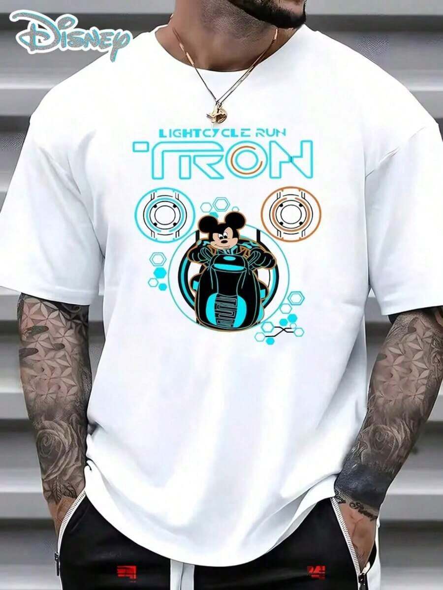 [Official Authorization Of Disney] 1 Piece, Disney Men's T-Shirt, Mickey Print Series, Round Neck Casual And Comfortable T-Shirt, Breathable And Light, Suitable For Sports And Leisure Wear, Loose T-Shirt, Suitable For Gifts, Suitable For Travel And Party Wear. - 白色 - 查看 1