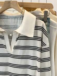 Camiseta holgada de murciélago a rayas de estilo casual para mujer, otoño - Multicolor - Ver 4