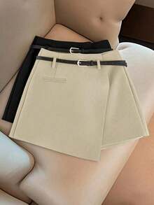 Pantalones con falda asimétrica de moda casual para ir al trabajo, pantalones cortos multifuncionales para mujer sin cinturón, pantalones con falda asimétrica a juego sin cinturón, falda asimétrica, falda con dobladillo asimétrico, falda pantalón - Caqui - Ver 1