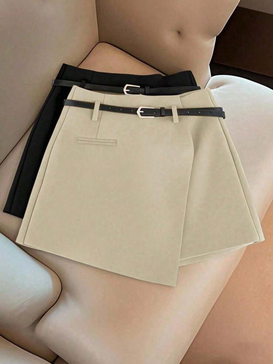 Pantalones con falda asimétrica de moda casual para ir al trabajo, pantalones cortos multifuncionales para mujer sin cinturón, pantalones con falda asimétrica a juego sin cinturón, falda asimétrica, falda con dobladillo asimétrico, falda pantalón - Caqui - Ver 1