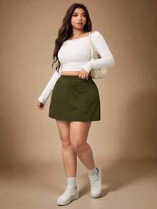 Falda corta casual de línea A de unicolor negro básico para mujer de talla grande, amigable con las curvas del Body redondeado, para el invierno, para la figura de Body redondeado tipo manzana - Verde militar - Ver 5
