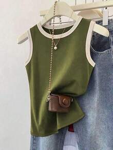 Blusa de verano de talla grande para mujer, de estilo casual con bloques de color y patchwork - Verde militar - Ver 6