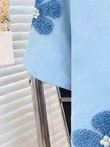 Camiseta de manga corta con dobladillo con flecos, de corte holgado y casual para mujer, en color marrón y café, con estilo sencillo y elegante, adecuada para volver al colegio o el Día del Maestro - Azul marino 2 - Ver 3