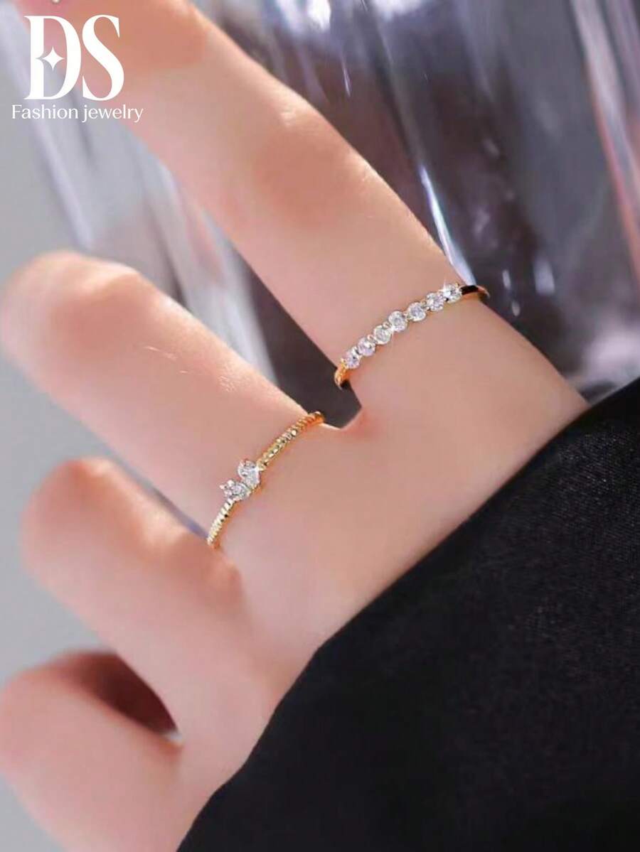 2 chiếc nhẫn hở siêu mỏng, điều chỉnh được, phong cách tối giản, phụ kiện trang sức dành cho sinh viên. - Vàng - Xem 1