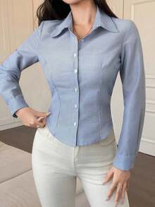 de manga larga a rayas minimalista y casual para mujer - Azul - Ver 4