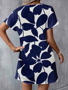 Vestido casual de mujer con estampado floral, cuello en V y manga corta para vacaciones - Multicolor 5 - Ver 4