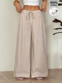 Pantalones casuales anchos de pierna ancha con rayas para mujer - Caqui 2 - Ver 3