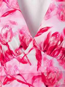 Vestido de mujer de moda con estampado total, cuello halter y lazo en la cintura, de largo medio - Rosa Fucsia - Ver 6