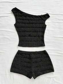 Conjunto de 2 piezas para vacaciones primavera/verano de mujer: Top corto asimétrico de hombro de punto a rayas rojas y blancas y shorts ajustados de tiro súper bajo, adecuado para fiesta, Navidad, San Valentín, cita, playa, crucero, carnaval, Pasc - Negro - Ver 7