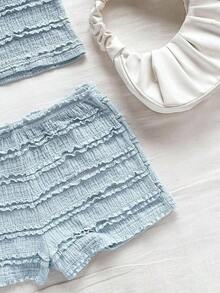 Conjunto de 2 piezas para vacaciones primavera/verano de mujer: Top corto asimétrico de hombro de punto a rayas rojas y blancas y shorts ajustados de tiro súper bajo, adecuado para fiesta, Navidad, San Valentín, cita, playa, crucero, carnaval, Pasc - Azul - Ver 4