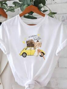 Darling, Let's Go On An Adventure! Women's Plus-Size Short-Sleeved Crew Neck T-Shirt With A Travel Girl Illustration Print. Modern, Casual, And Comfortable, Perfect For Spring/Summer. Stylish, Retro, And Romantic Women's Clothing. Ideal For Travel, Road Trips, Commuting, Or Hanging Out With Friends. - 白色 - 查看 7