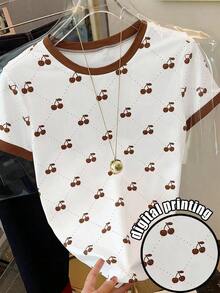 Camiseta de manga corta con cuello redondo y estampado de letras, de uso casual y versátil para uso diario - Multicolor 2 - Ver 1
