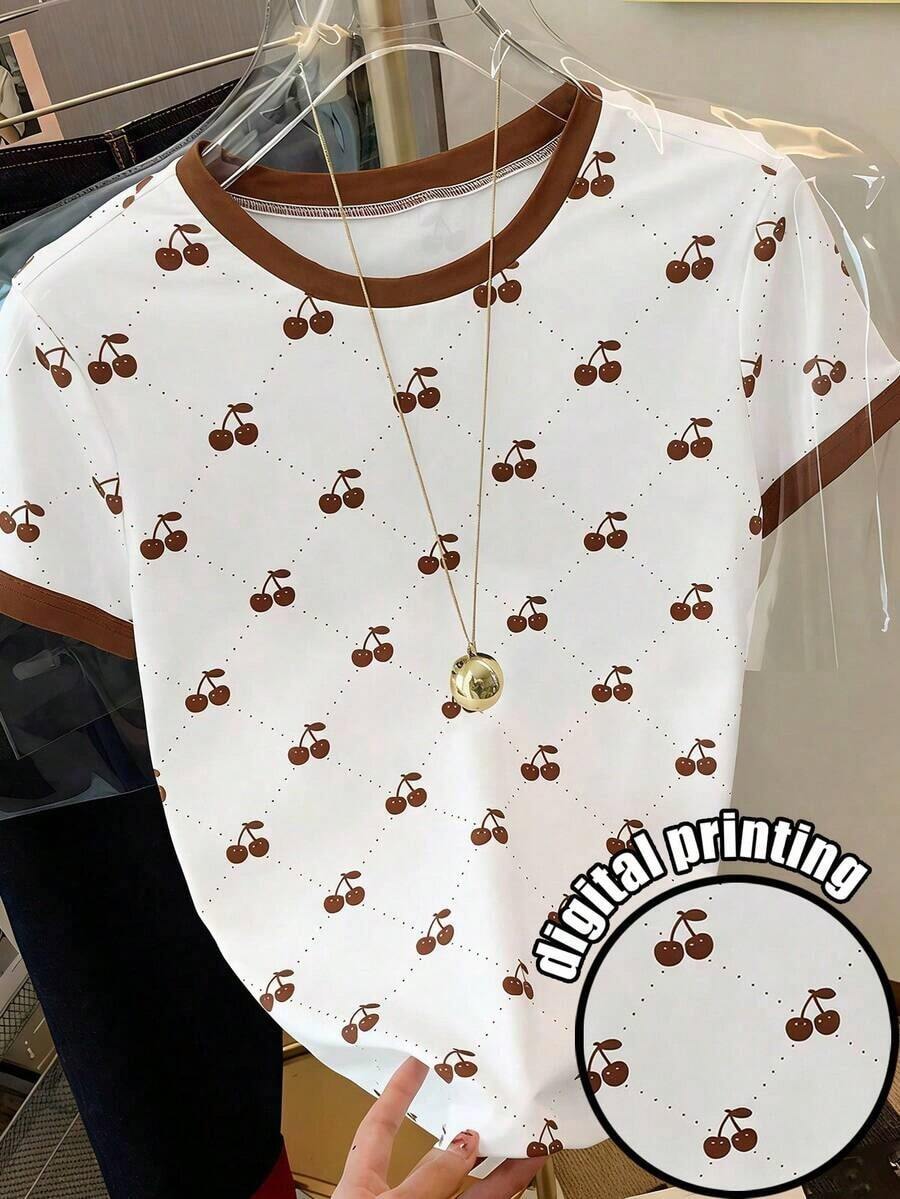 Camiseta de manga corta con cuello redondo y estampado de letras, de uso casual y versátil para uso diario - Multicolor 2 - Ver 1