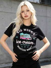 Women's Casual Graphic Tees - Retro 'Friday' Graphic Tee With Large Worm Design, Women's Summer Clothes, Oversized Short Sleeve Cotton T-Shirt, Casual Streetwear, Fashionable Tops For Women, Loose Summer T-Shirts, Daily Outfit, Suitable For Spring, Summer And Autumn. - 黑色 - 查看 1