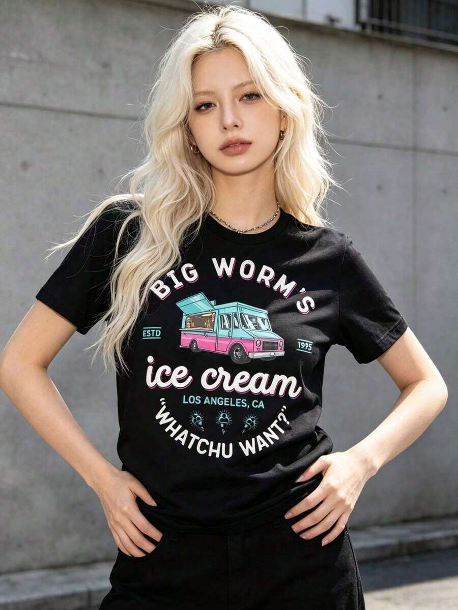 Women's Casual Graphic Tees - Retro 'Friday' Graphic Tee With Large Worm Design, Women's Summer Clothes, Oversized Short Sleeve Cotton T-Shirt, Casual Streetwear, Fashionable Tops For Women, Loose Summer T-Shirts, Daily Outfit, Suitable For Spring, Summer And Autumn. - 黑色 - 查看 1