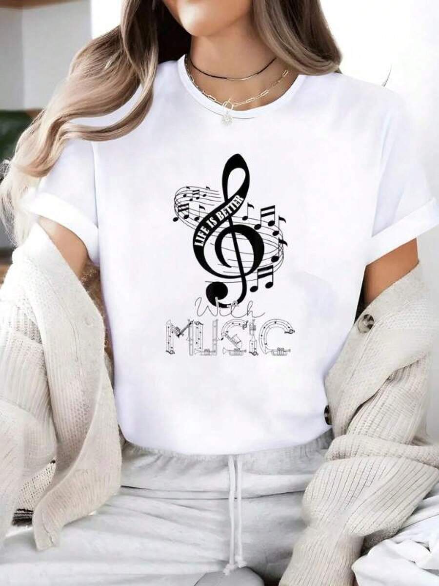 Unisex Short-Sleeved T-Shirt, LifeIsBetterWithMusicMusicalNotesMusicianMusicTShirt-Women's Casual Short Sleeve Crew Neck T-Shirt For Spring And Summer-Comfortable, Relaxed Fit Printed Graphic Teeplayers For Men, , , For Women, Romwe For Men, Boho Chic, Teachers Gifts, T-Shirt For Curvy Women's Sets For Women, Y2k, - 白色 - 查看 1