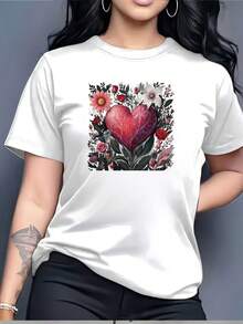 Women's Floral Heart Print T-Shirt, Soft Short Sleeve Casual Shirt, Summer Music Festival Gift,  Parent-Child Matching Set, Lightweight And Breathable - A Very Distinctive Printed T-Shirt / Unisex Style / Suitable For Both Men And Women / Wrinkle-Resistant / Breathable - 白色 - 查看 1