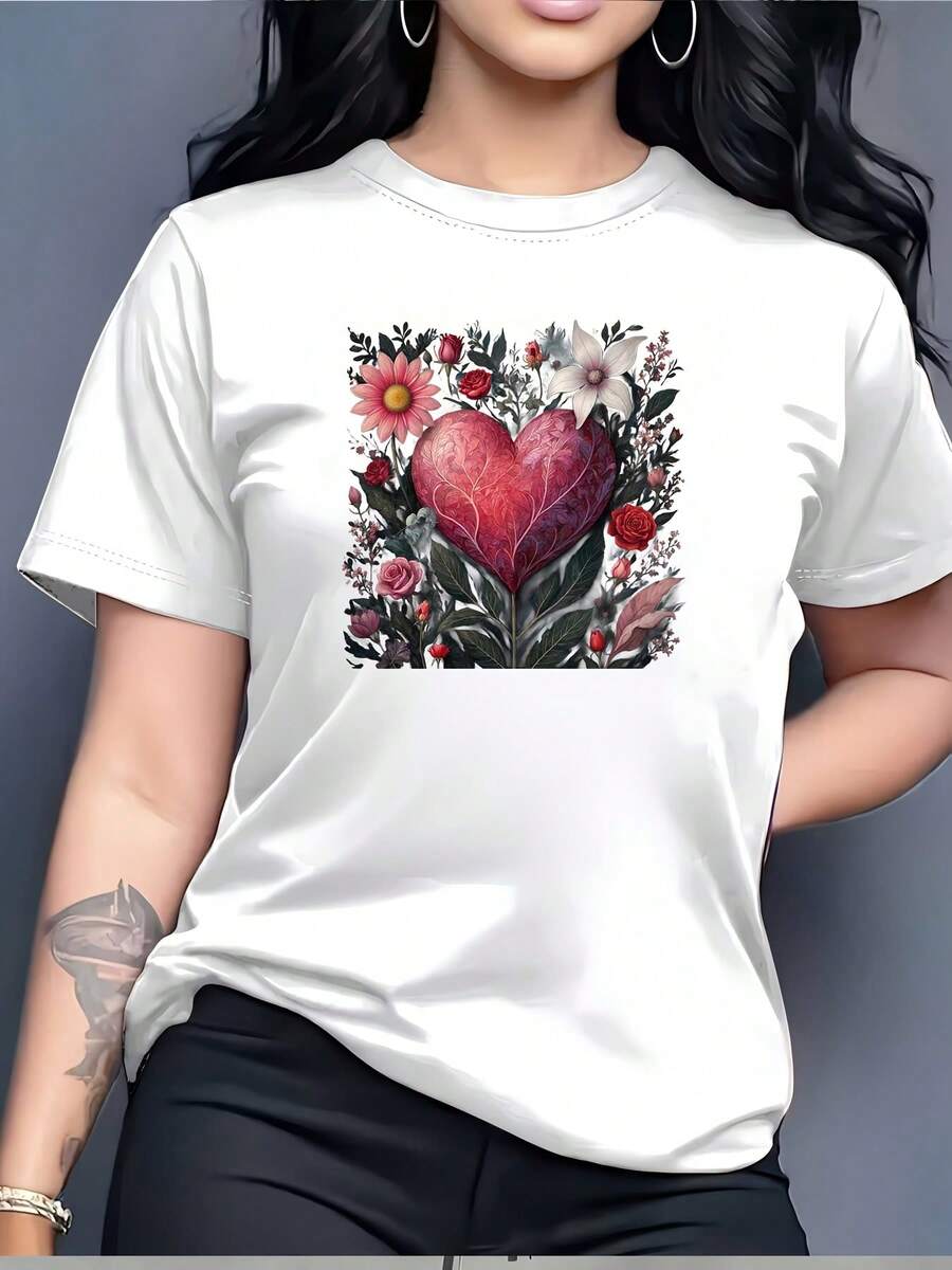 Women's Floral Heart Print T-Shirt, Soft Short Sleeve Casual Shirt, Summer Music Festival Gift, Parent-Child Matching Set, Lightweight And Breathable - A Very Distinctive Printed T-Shirt / Unisex Style / Suitable For Both Men And Women / Wrinkle-Resistant / Breathable - 白色 - 查看 1