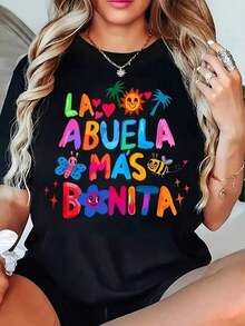 FASHIOGIRL Camiseta divertida para abuelas modernas con estampado colorido de verano, perfecta para mujeres elegantes y casuales, talla única en negro, moda femenina cómoda y alegre,  en ropa personalizada con frase inspiradora. - Negro - Ver 6