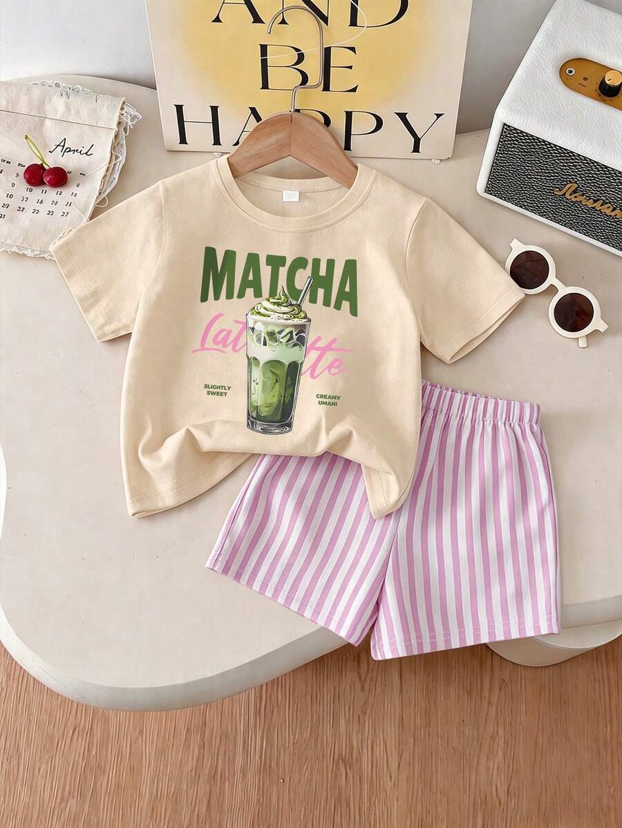2pcs/Set Girls' Summer Casual Matcha Latte And Letter Print Round Neck T-Shirt With Pink Striped Shorts Set, Breathable - Multicolor - View 1