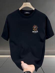Fashionable Printed Short-Sleeved T-Shirt For Men, Made Of Heavyweight Pure Cotton For Summer, Korean And Japanese Style, Versatile Garment For Everyday Men's Wear, Comfortable And Skin-Friendly. - 黑色 - 查看 2