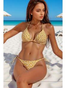 Nuevo bikini floral de dos piezas con lazos, bikini estilo resort para mujer, traje de baño sexy para la playa. - Amarillo - Ver 1
