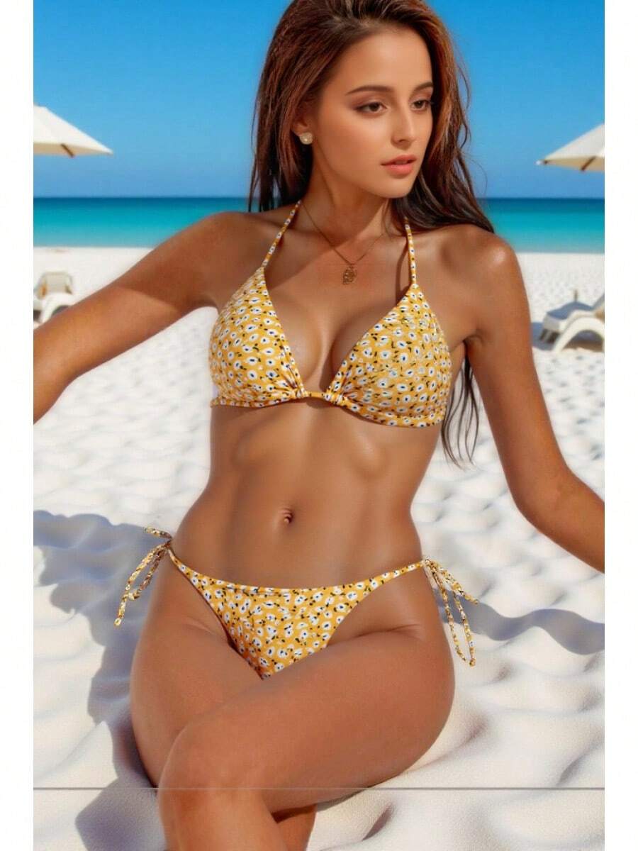 Nuevo bikini floral de dos piezas con lazos, bikini estilo resort para mujer, traje de baño sexy para la playa. - Amarillo - Ver 1