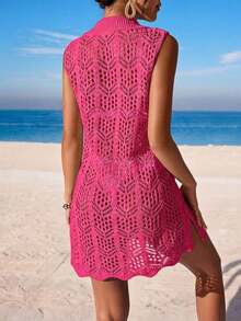 Cubre vestido de punto calado de unicolor para mujer, para el verano - Rosa Fucsia - Ver 2