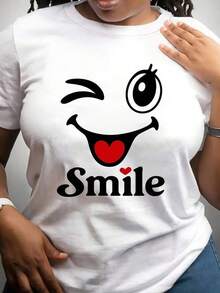 Camiseta casual de talla grande para mujer con estampado vintage de cara sonriente y sonriente, ideal para primavera, verano y otoño. Camiseta de manga corta, cuello redondo, cómoda y adecuada para uso diario, vacaciones y actividades al aire libre. - Blanco - Ver 2