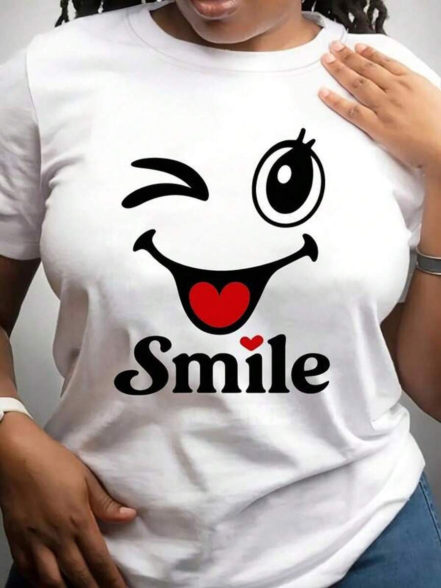 Camiseta casual de talla grande para mujer con estampado vintage de cara sonriente y sonriente, ideal para primavera, verano y otoño. Camiseta de manga corta, cuello redondo, cómoda y adecuada para uso diario, vacaciones y actividades al aire libre.