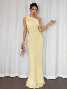 Vestido maxi ajustado con cuello asimétrico, elegante, romántico, de moda, apropiado para commute, sexy y con estilo, adecuado para fiestas, vacaciones en la playa, volver al colegio, citas románticas, temporada de bodas, cumpleaños, Pascua, primavera/verano - Amarillo claro - Ver 7