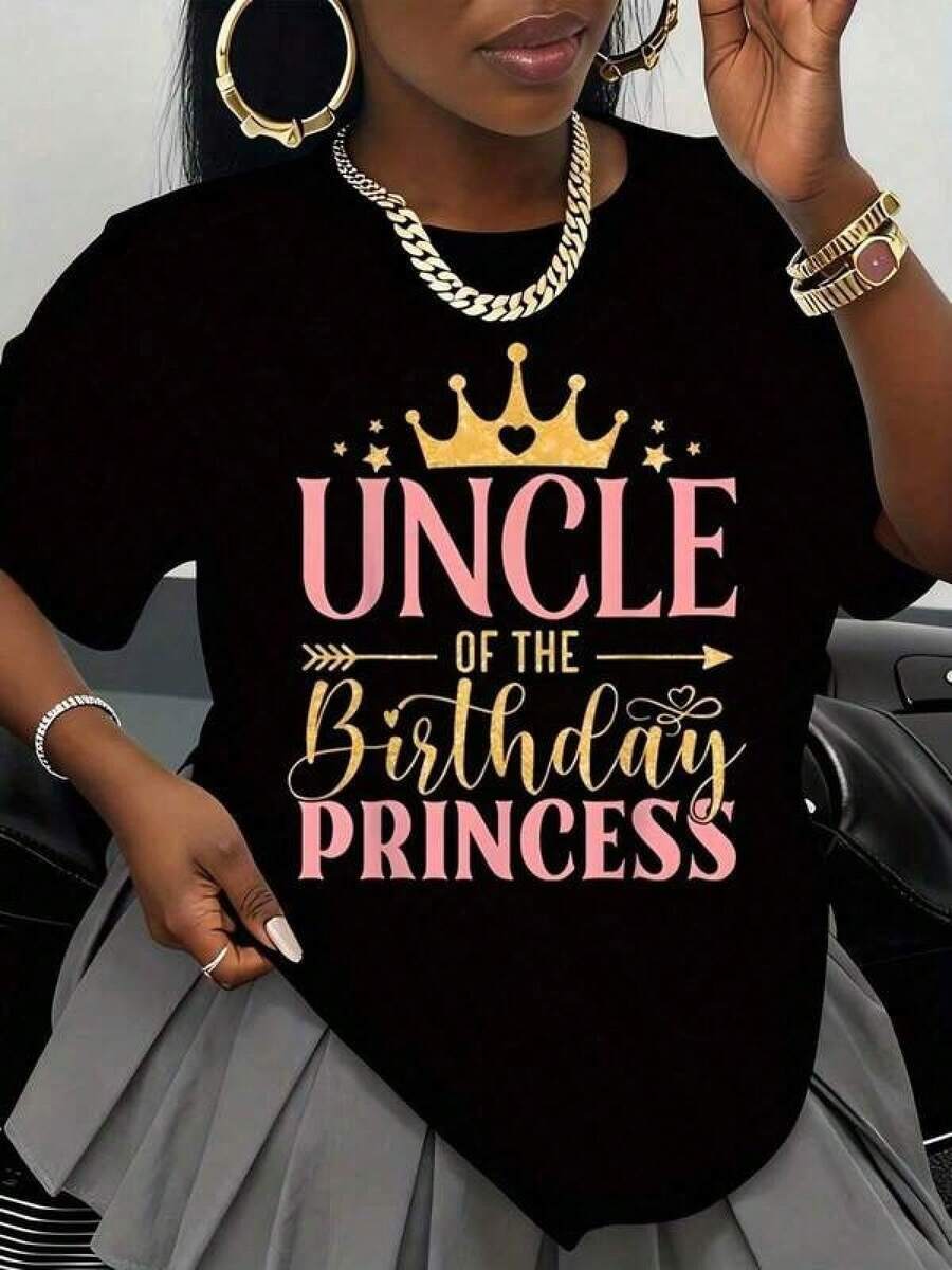 2026 Camiseta de Princesa del Cumpleaños del Tío Diseño de Corona y Estrellas Rosa Oro para Celebración de Cumpleaños Familiar envío nacional mujer, blusas para mujer>de manga larga 1pc 180g Unisex Loose Crewneck T-Shirt - Negro - Ver 1