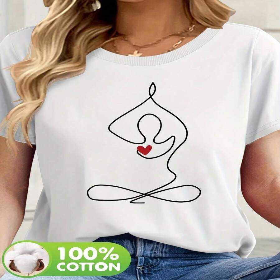 Womens Casual Cotton Round Neck Short Sleeve T-Shirt with Yoga Pose Graphic Print - Blanco - Ver 1