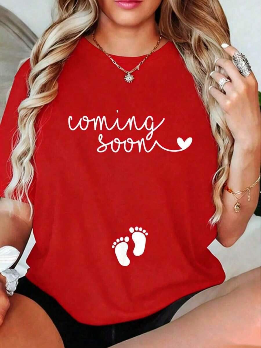 Casual 100% Cotton T-Shirt For Pregnancy Announcement - Pregnant Mom T-Shirt To Announce Your Pregnancy - Comfortable Cotton Print Women's Clothing - 紅色 - 查看 1
