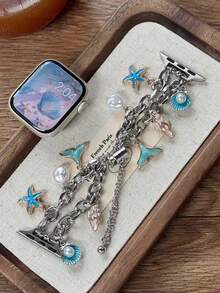 1件女款銀色海洋美人魚海星貝殼珍珠手錶錶帶，適用於 38mm 40mm 41mm 42mm 44mm 45mm 46mm 49mm，Ultra/SE/Series 11/10/9/8/7/6/5/4/3/2/1，海灘配件，時尚易穿戴，適合日常、派對、約會，送給媽媽、女友、妻子、朋友的完美禮物 - 銀色 - 查看 6
