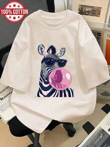 Women's Custom Spring/Summer Clothing, Fresh And Stylish, With Zebra Sunglasses And Bubblegum Print, Loose-Fitting Short-Sleeved Round Neck T-Shirt Made Of Pure Cotton, Urban Vintage Style, Unisex, Loose-Fitting Cotton Round Neck Short Sleeve. - 杏色 - 查看 7