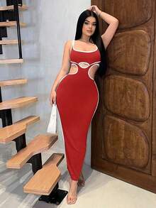 YHHSHEIN  Vestido largo de verano para mujer de ajuste ceñido con recortes de color contrastante y diseño caladoYHH - Rojo - Ver 6