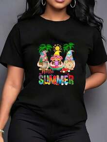 Camiseta de manga corta casual de verano con estampado gráfico de gnomos de playa y frutas tropicales, un básico diario informal. Adecuada como regalo. playera de mujer. blusas>elegantes. boho chic,Top de mujer suave, transpirable y cómodo, ideal para primavera, verano y otoño, perfecto para vacaciones, viajes y uso diario. - Negro - Ver 1