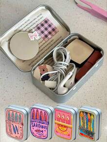 Caja de metal rectangular con bisagra y patrón de sardina - Una caja de almacenamiento portátil mini DIY, un contenedor de almacenamiento compacto y una caja de metal plegable mini. Perfecta para guardar joyas, pastillas, artículos de costura y otros artículos pequeños; también un regalo perfecto para el Día de la Madre. - Multicolor - Ver 1