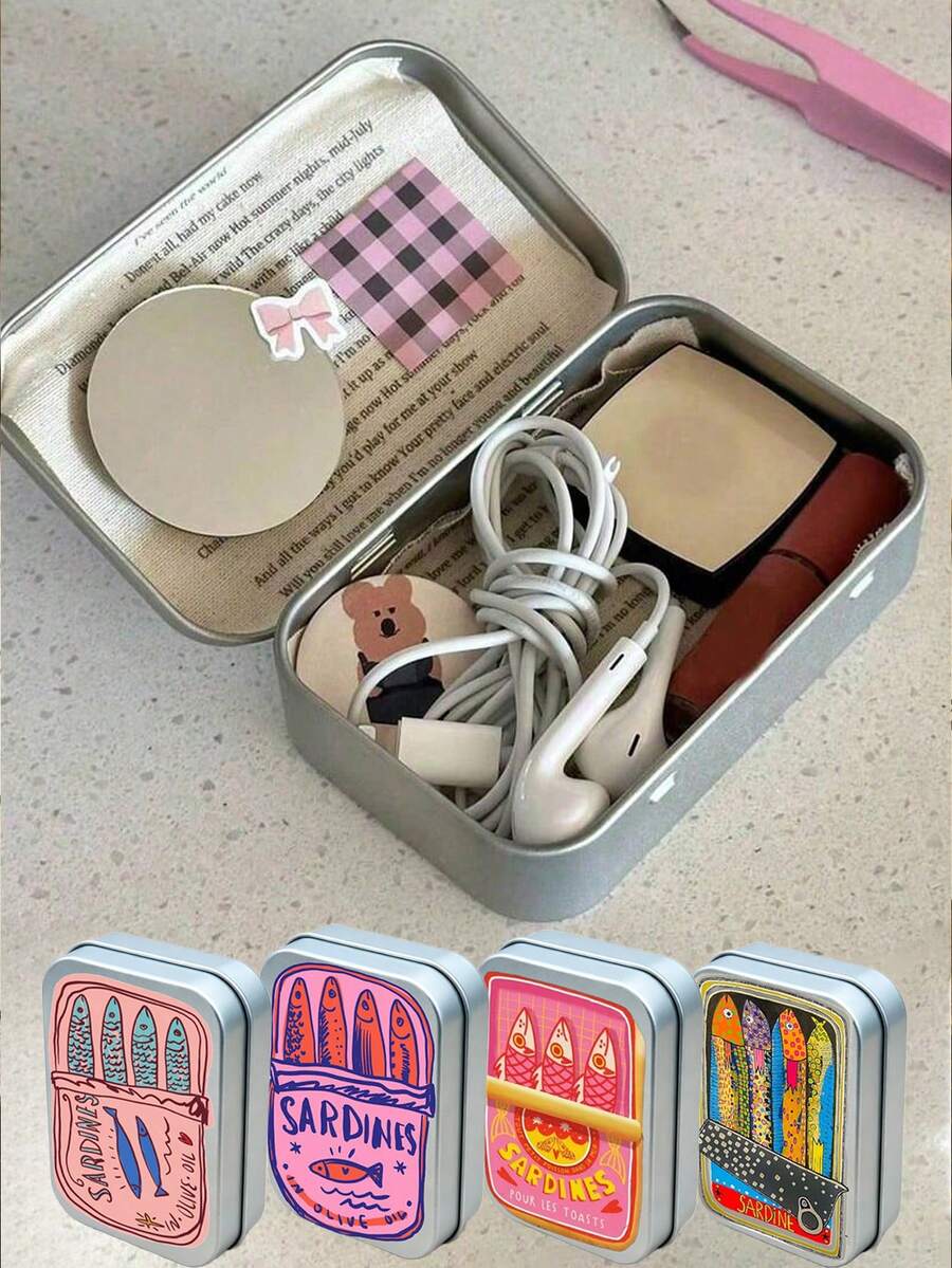 Caja de metal rectangular con bisagra y patrón de sardina - Una caja de almacenamiento portátil mini DIY, un contenedor de almacenamiento compacto y una caja de metal plegable mini. Perfecta para guardar joyas, pastillas, artículos de costura y otros artículos pequeños; también un regalo perfecto para el Día de la Madre. - Multicolor - Ver 1